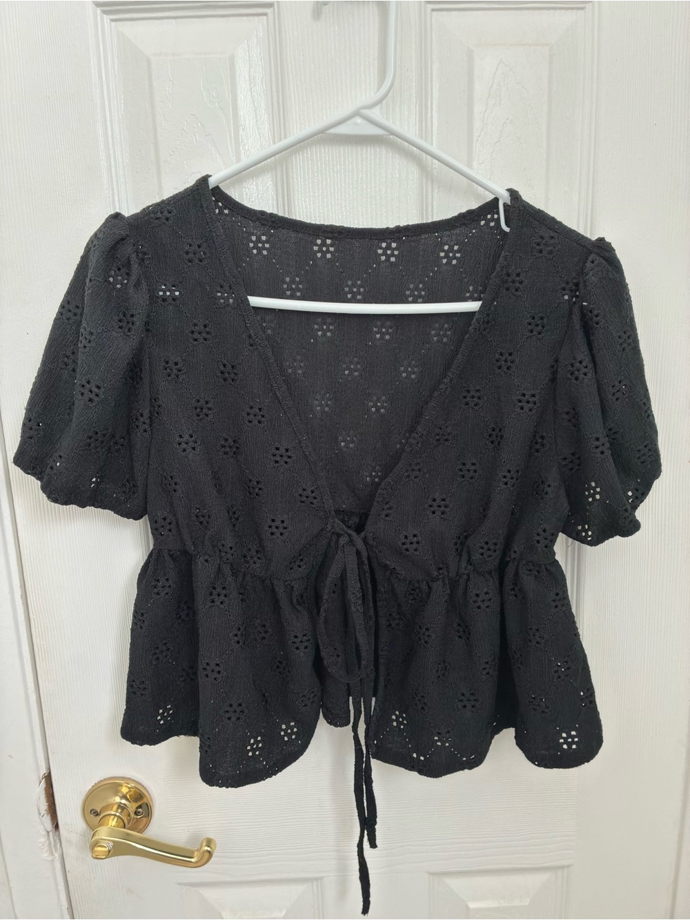 Black Eyelet Tie-Front Women's Top